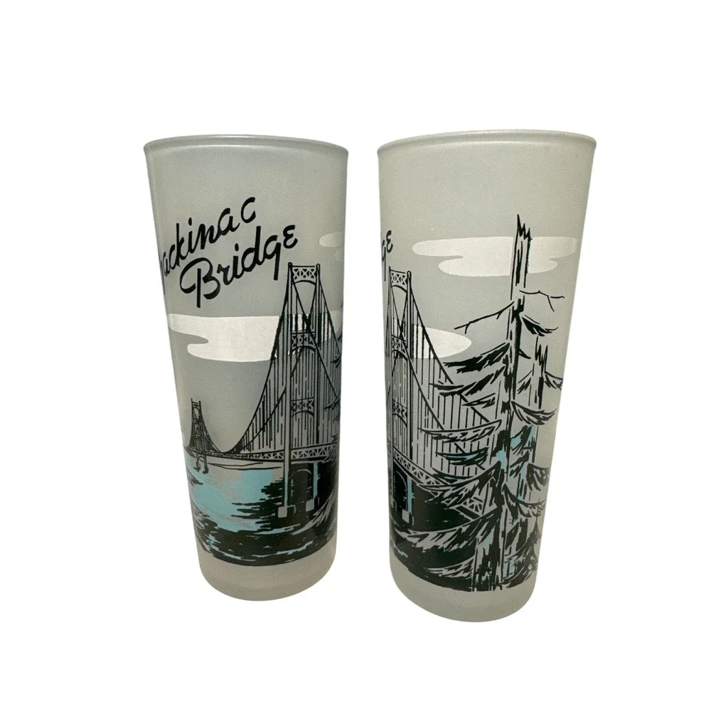 Vintage Mackinac Bridge Frosted Glass Tumbler Set‎ 2 Michigan Souvenir Highball
